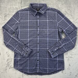 Express Mens Medium Flannel Shirt Blue Black Plaid Button Up Long Sleeve NWT